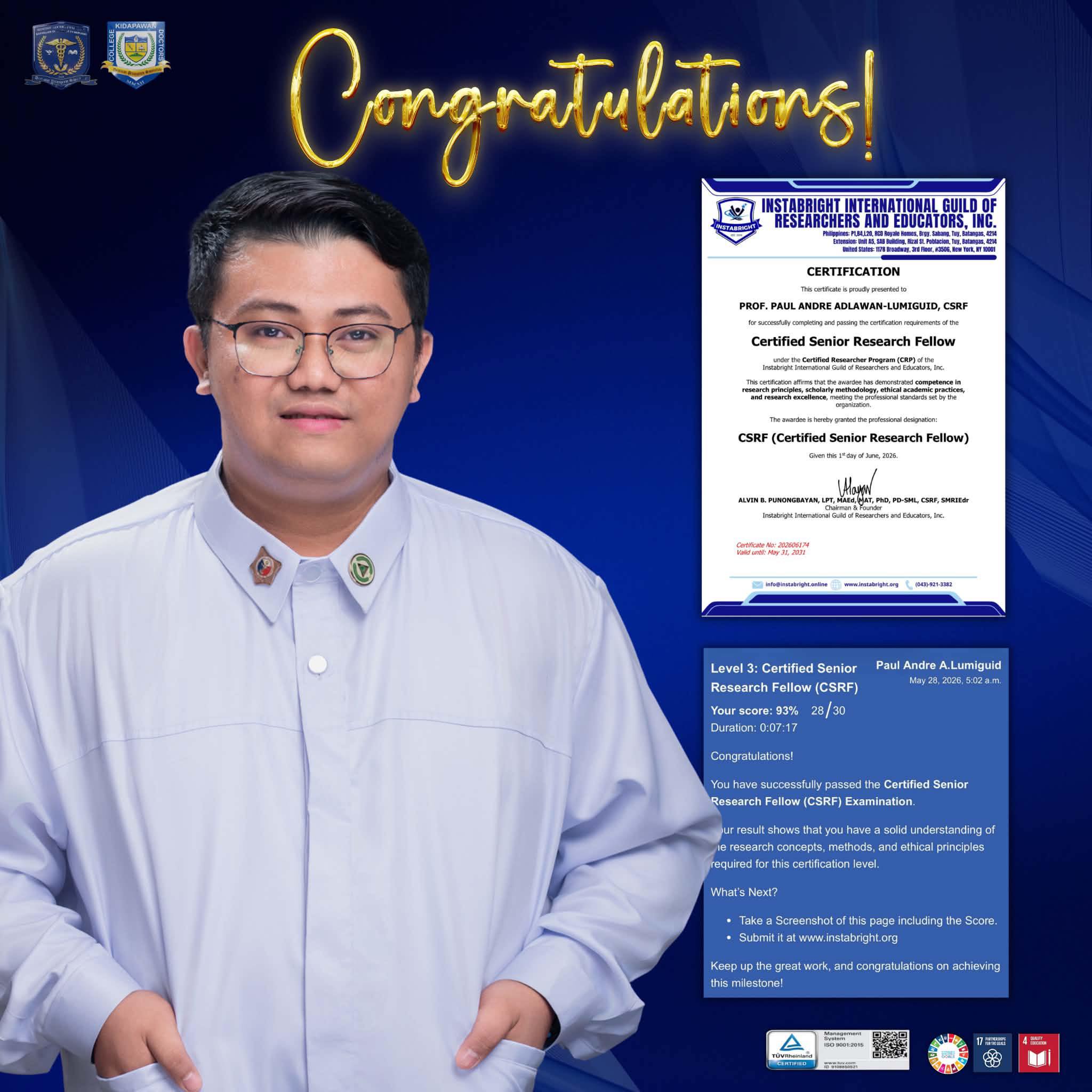 Leading Through Research: Dean Lumiguid Elevates Academic Excellence as the New Senior Research Fellow of the Instrabright International Guild of Researchers and Educators Inc.